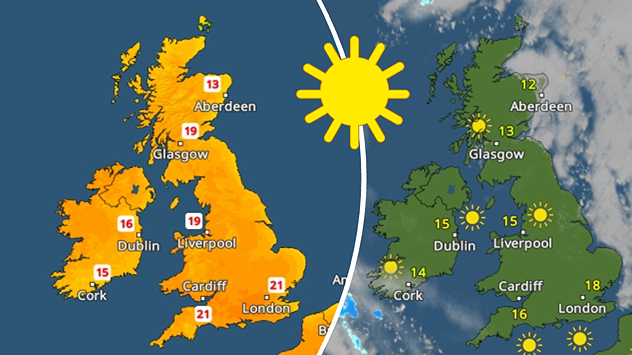 Split UK map showing warm temperatures up to 21 degrees in orange on the left and clear sunny conditions with temperatures from 12 to 18 degrees on the right, with sun icons across the country.