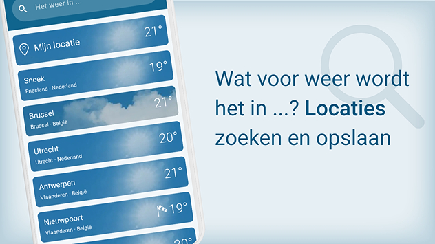 Een overzicht van de locatie-functie van de Weer & Radar app. In het locatie-overzicht kun je je favoriete plaatsen zoeken en opslaan.