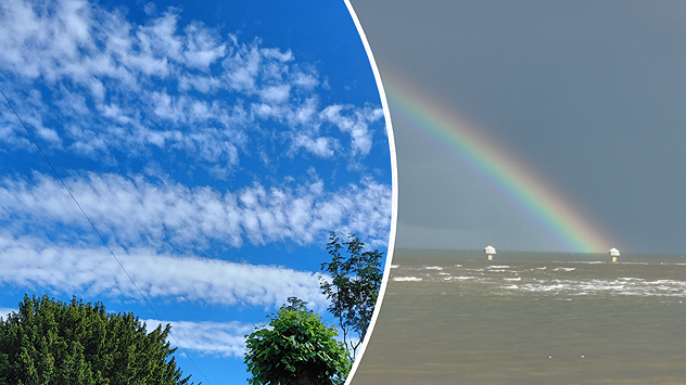 Split image showing a bright blue sky with scattered white altocumulus clouds above trees on the left, and a rainbow arching over a windy gray sea beneath dark storm clouds on the right.