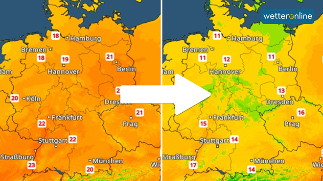 Zwei Wetterkarten von Deutschland im Vergleich: links warm mit Temperaturen um 20–23 °C, rechts deutlich kühler mit 11–17 °C; ein Symbol aus Wolke, Regen und Sonne zeigt einen Wetterwechsel an.