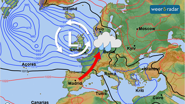 Een lagedrukgebied is ingetekend bij de Britse Eilanden. Een rode pijl ook, die staat voor de warme lucht die vanuit Zuidwest-Europa noordwaarts trekt. Het laag neemt regen mee, dat is ook ingetekend rond de Benelux.