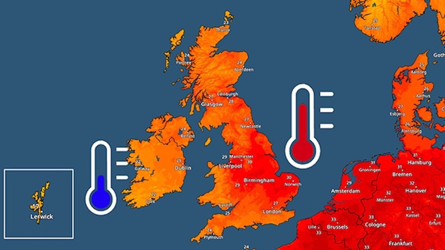 Temperature radar showing the UK and Ireland. Warmest in the east where a red thermometer is shown. Cooler in the west where a blue thermometer is shown.