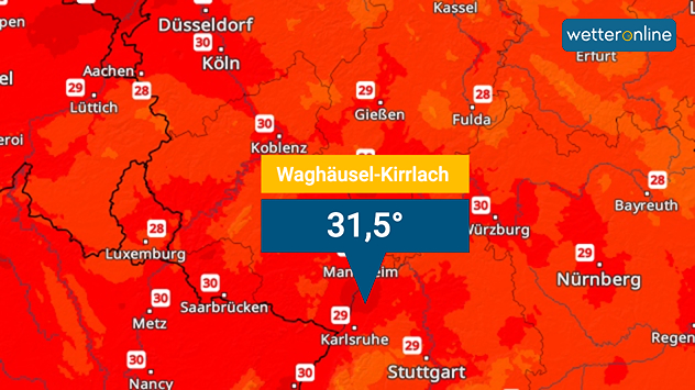 Temperaturkarte für Deutschland mit 31,5 Grad bei Waghäusel-Kirrlach nahe Karlsruhe.