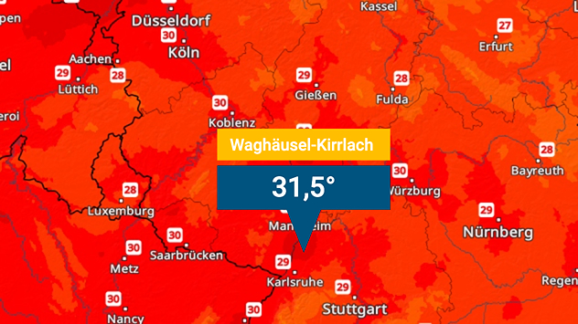 Temperaturkarte für Deutschland mit 31,5 Grad bei Waghäusel-Kirrlach nahe Karlsruhe.