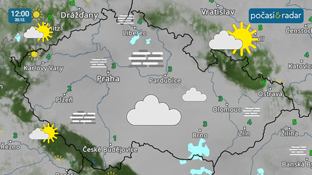 Meteoradar, screenshot, 20. 12. 12:00: V nejbližších dnech bude v Česku pokračovat počasí teplotní inverze. Mimo nejvyšší horské polohy tak bude převažovat zataženo nízkou oblačností a mlhavo s teplotami nejčastěji slabě nad nulou.