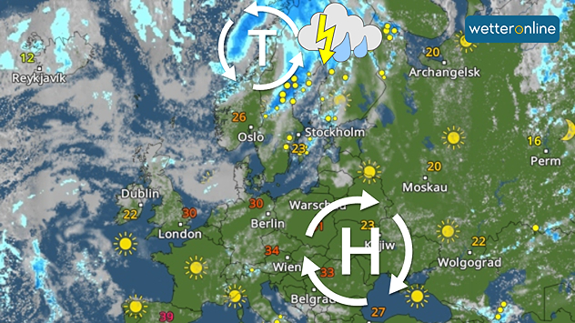 Wetterkarte mit Tiefdruck über Skandinavien, Blitzsymbolen über Schweden und Finnland, blauer Regenbereich von Oslo bis Stockholm, Höchstwerte teils nur 20–23 °C.