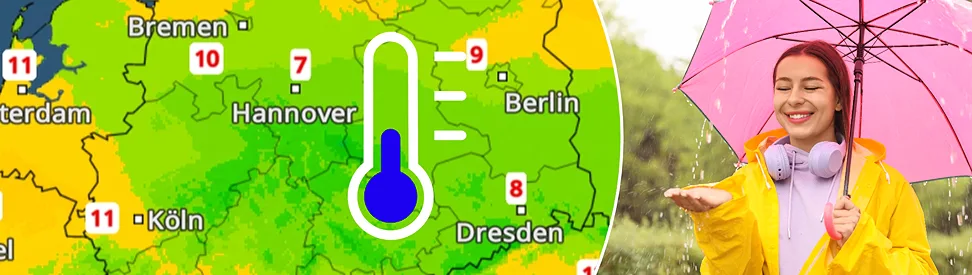Temperaturkarte mit kühleren Werten über Deutschland und Person mit pinkem Regenschirm im Regen, die das Wetter genießt.