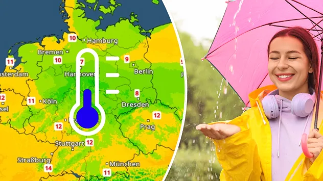 Temperaturkarte mit kühleren Werten über Deutschland und Person mit pinkem Regenschirm im Regen, die das Wetter genießt.