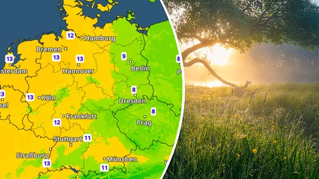 TemperaturRadar mit milden Nachtwerten über Deutschland neben einer sonnigen Wiese.