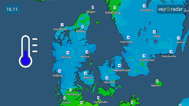 TemperaturRadaren viser frostgrader mellem minus 1 til minus 4 søndag morgen.