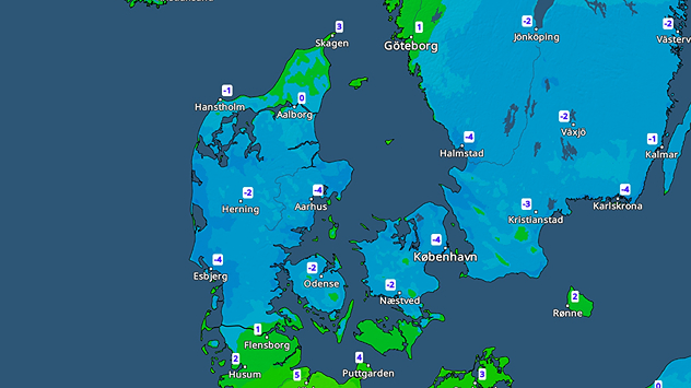 TemperaturRadaren viser frostgrader i størstedelen af landet søndag morgen.