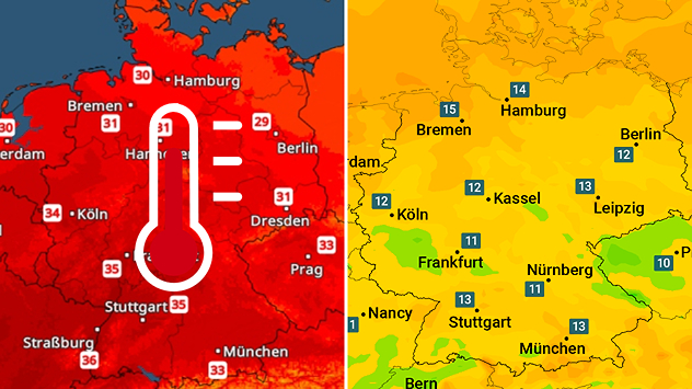 Zweiteilige Grafik mit TemperaturRadar und Taupunkt. Links Höchstwerte bis 35 Grad, rechts überwiegend niedrige Taupunkte, was zunächst für eine noch relativ trockene Hitze spricht.