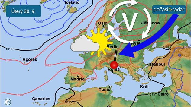 Předpověď synoptické situace nad Evropou na úterý 30. 9. Tlaková výše nad severovýchodní Evropou si na naše počasí zřejmě udrží vliv i v příštím týdnu, převládající proudění do střední Evropy se ale postupně stočí na severovýchodní. Lze proto očekávat relativně slunečné a suché, avšak spíše chladnější počasí s ranními mlhami.