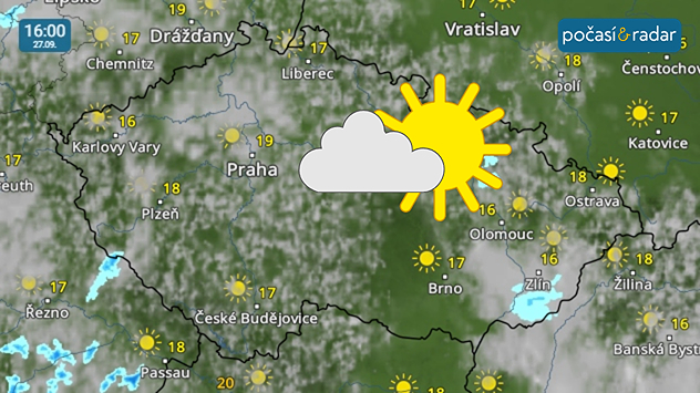 Meteoradar, screenshot, 27. 9. 16:00: O víkendu se v Česku častěji prosadí sluneční paprsky a nejvyšší denní teploty vystoupí na 15 až 20 °C.