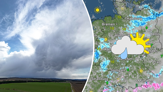 Geteilte Grafik: links aufziehende dunkle Wolken über Landschaft in Harzgerode, aufgenommen am 30. März 2026, rechts eine WetterRadar-Karte von Deutschland mit Sonne-Wolken-Regen-Symbol.