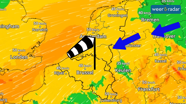 De WindRadar kleurt geel boven de Benelux en toont dus een stevige oostenwind de komende dagen. Twee blauwe pijlen (kou) en een windvaan (stevige wind) zijn ingetekend.