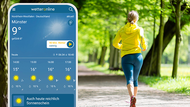 Links: Die Vorhersage für Münster in der WetterOnline App. Rechts: Eine Frau joggt bei frühlingshaftem Wetter.