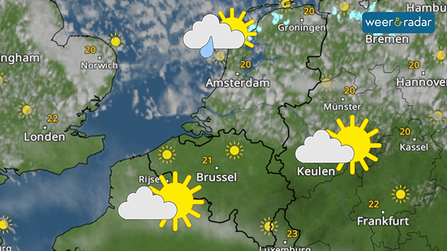 Een wolk met een spetter is ingetekend boven de Wadden. Elders zon en wolken ingetekend.
