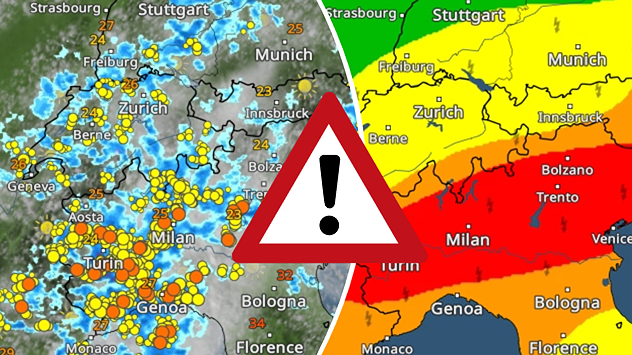 Split weather graphic showing intense thunderstorms and widespread lightning across northern Italy and Switzerland on the left, with severe warning zones from yellow to red around Milan and the southern Alps on the right.