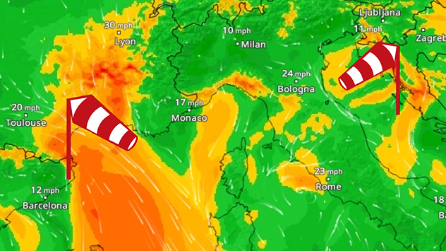 WindRadar over the Mediterranean, showing the Mistral in the west and the Bora in the east. Strong winds and high wind speeds along the French Mediterranean coast and the Adriatic coast.