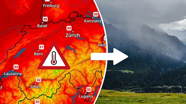 Links: Temperaturkarte Schweiz mit Hitze; Rechts: Schweizer Berglandschaft mit Wiesen im Vordergrund und Bergen im Hintergrund. Über einem der Berge geht ein Regenschauer nieder.