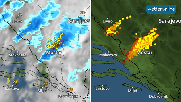 WetterRadar mit Starkregen und vielen Blitzen rund um Mostar.