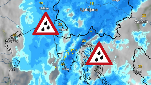 WetterRadar mit Warnsymbolen über Norditalien und Kroatien.