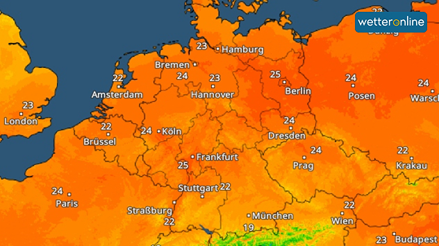 TemperaturRadar: Zur Wochenmitte steigen die Temperaturen vielfach bis 25 Grad.
