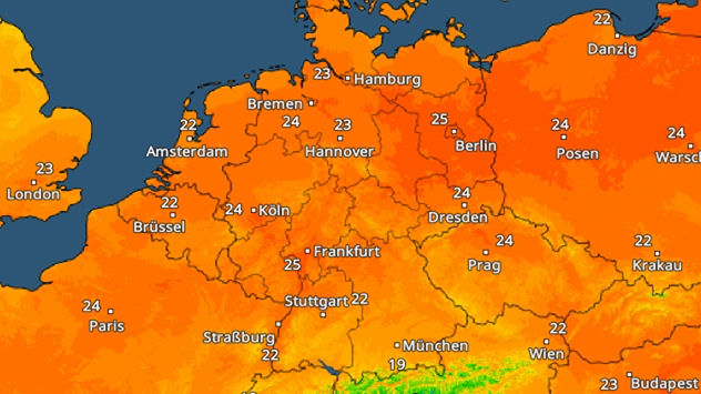 TemperaturRadar: Zur Wochenmitte steigen die Temperaturen vielfach bis 25 Grad.