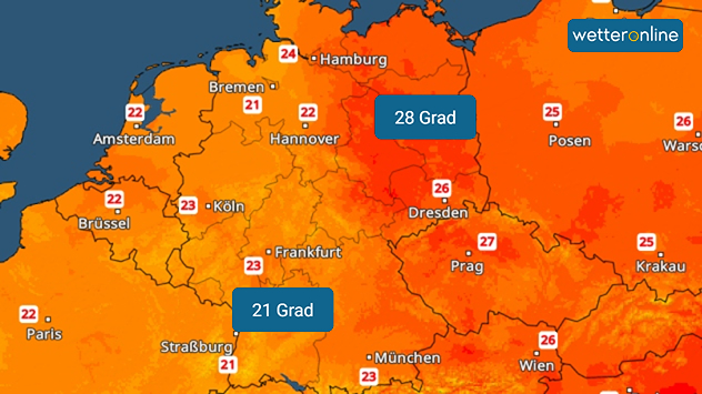 TemperaturRadar Deutschland mit den Höchstwerten für Montag