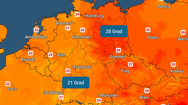 TemperaturRadar mit den Höchstwerten für Montag für Deutschland