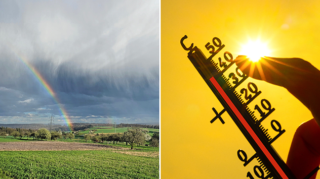 Links: Wechselhaftes Wetter mit Regenbogen; Rechts: Thermometer zeigt 40 Grad an.