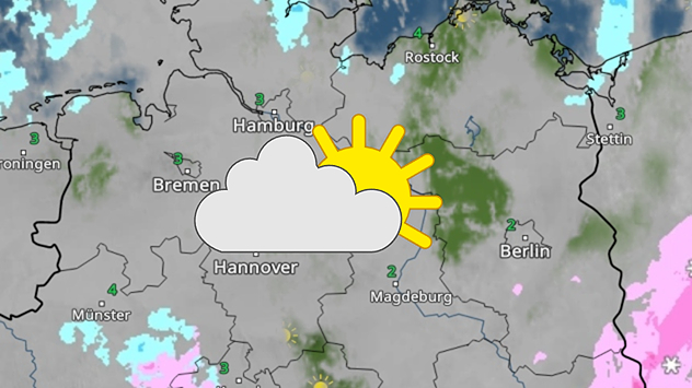 Wetterkarte Norddeutschland mit Sonne-Wolken-Symbol. Regionale Niederschläge und bewölkte Abschnitte sichtbar.
