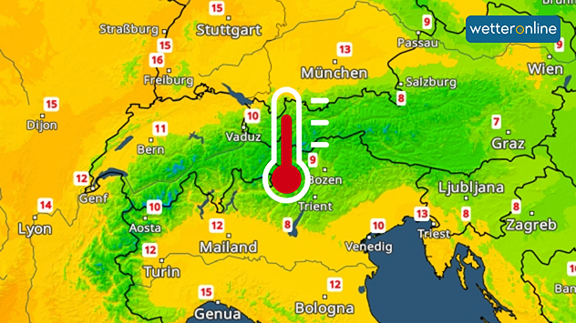 Die Wetterkarte zeigt für die Jahreszeit recht hohe Temperaturen im Alpenraum. Selbst in Hochlagen gibt es kaum noch Frost.