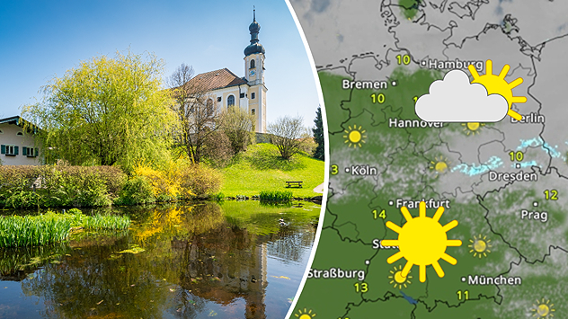 Geteilte Grafik: links eine Kirche am Teich in frühlingshafter Landschaft, rechts eine WetterRadar-Karte von Deutschland mit Sonne-Wolken-Symbolen.