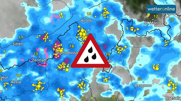 WetterRadar zeigt Starkregen auf der Alpensüdseite