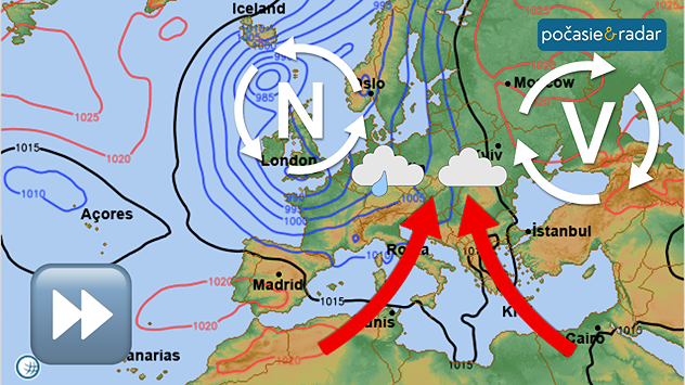 Synoptická mapa na väčšinu týždňa s nížou nad Britskými ostrovmi a výšou nad juhozápadným Ruskom. Vyznačené sú aj smery prúdenia teplého vzduchu od juhu s spolu s vyznačením očakávaného počasia zamračeného spolu s emojim rýchlym procesom.
