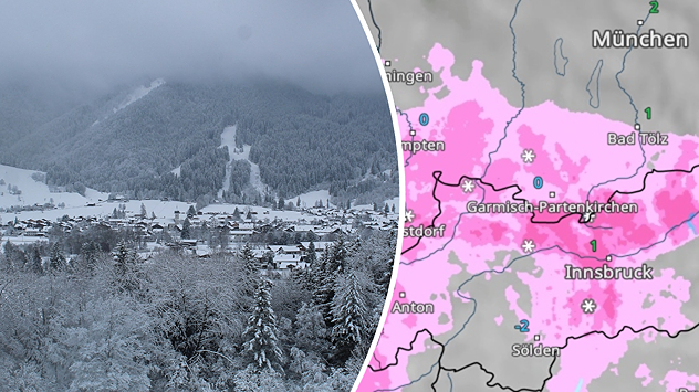 Schneebedecktes Dorf in den Alpen neben einer Karte mit markierten Schneefallgebieten.