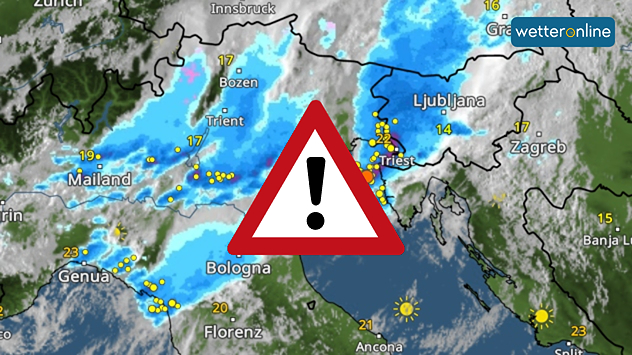 El radar meteorológico muestra fuertes tormentas y numerosos relámpagos sobre el norte de Italia.