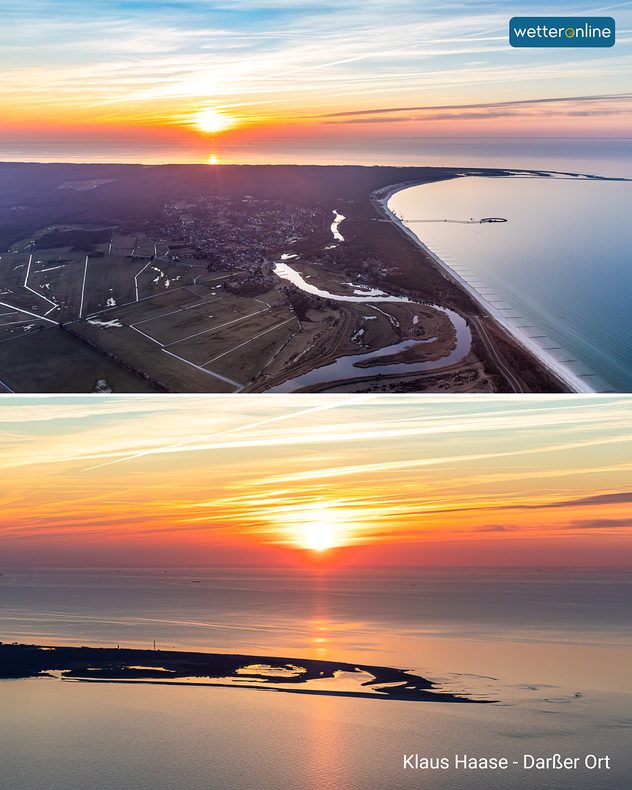 Im Bild sind zwei Fotos des Sonnenuntergangs über der Ostsee aus der Luft zu sehen.