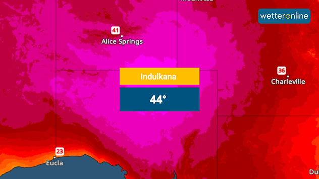 Wetterkarte mit 44 Grad in Indulkana und großflächiger Hitze im australischen Outback.