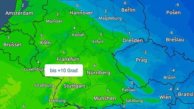 Karte der Höchsttemperaturen am Freitag in Mitteleuropa. Grün markiert mildere Luft im Westen. Blaue Farben stehen für kältere Regionen im Osten.