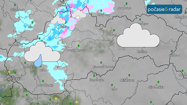 Snímka Slovenska na meteoradare s vyznačením oblaku, oblaku so slabým dažďom, slabým snežením.