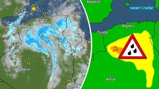 Een dubbele afbeelding toont links regen boven Algerije en rechts een waarschuwingskaart met code geel en oranje in dat gebied.
