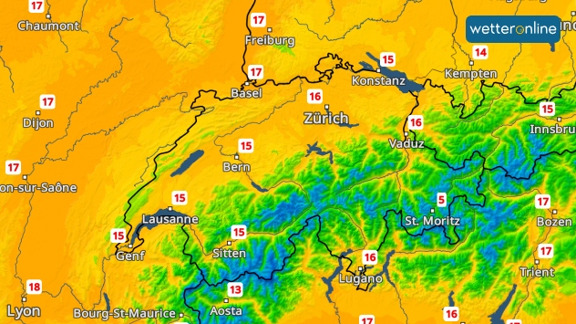 Eine Farbkarte zeig die Höchsttemperaturen in der Schweiz an