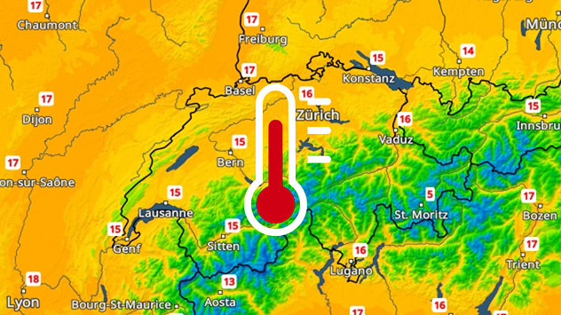 Eine Farbkarte zeig die Höchsttemperaturen in der Schweiz an