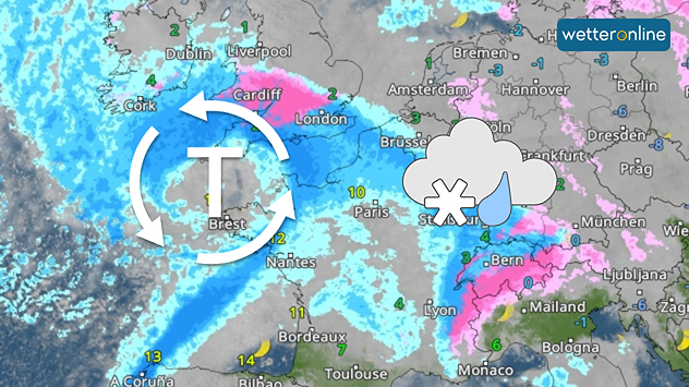 El radar meteorológico muestra una zona de bajas presiones sobre Europa occidental que provoca lluvias y nevadas.