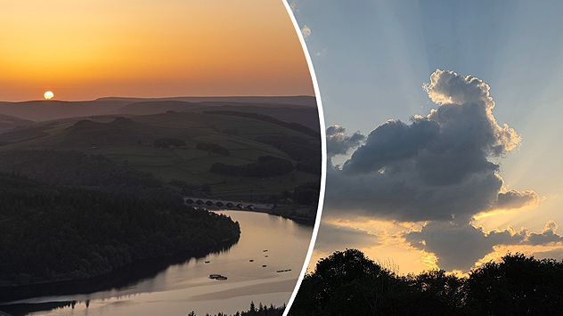 Split image showing a tranquil reservoir at sunset with rolling hills on the left, and a dramatic cloud illuminated by crepuscular sun rays above a tree-lined horizon on the right.