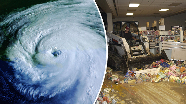 On the left, a satellite image of a hurricane over the sea; on the right, a man in a clearance vehicle clearing debris and food in a flooded supermarket.