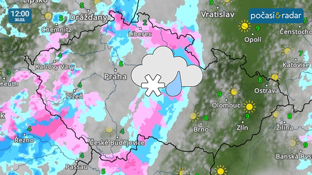 Meteoradar, screenshot, 30. 3. 12:00: V pondělí přinese hlavně do Čech občasné srážky okluzní fronta.